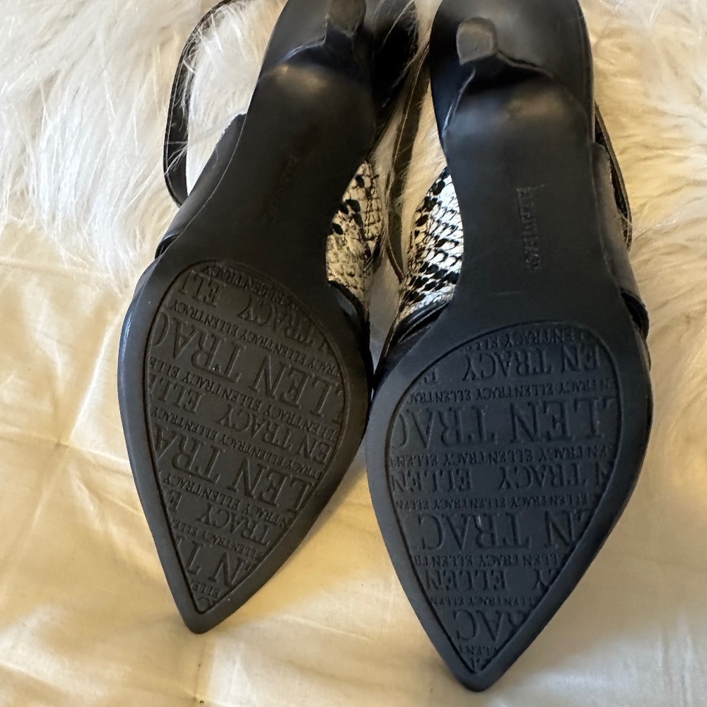 Ellen Tracy Black and Snake Print Bello Leather Sling Back Heels Cut Out Size 7 - Picture 11 of 16